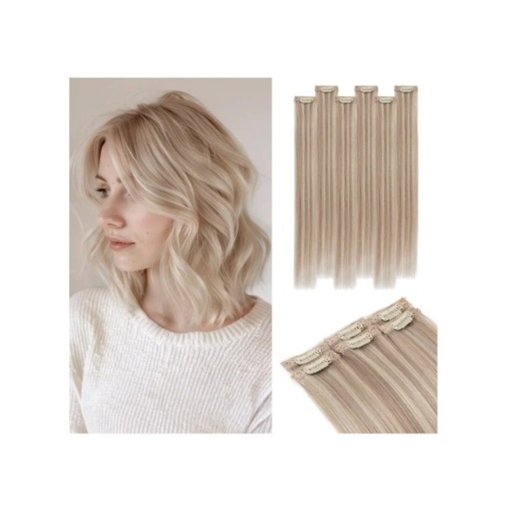 6PC 10" Human Hair Clip In Extensions Champagne Blonde Balayage Short Hairpieces